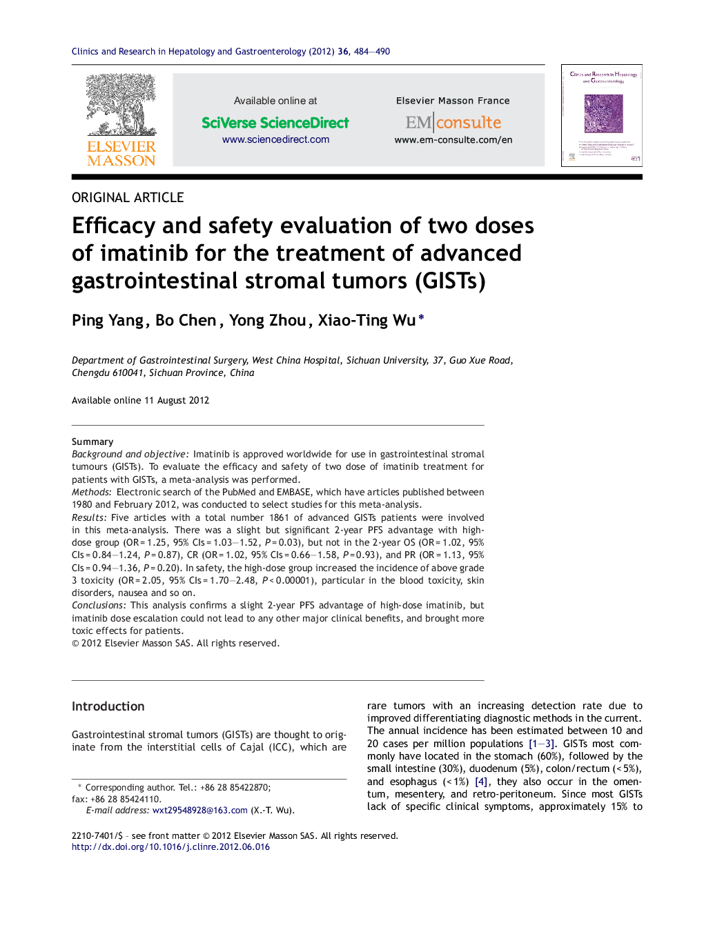 Efficacy and safety evaluation of two doses of imatinib for the treatment of advanced gastrointestinal stromal tumors (GISTs)