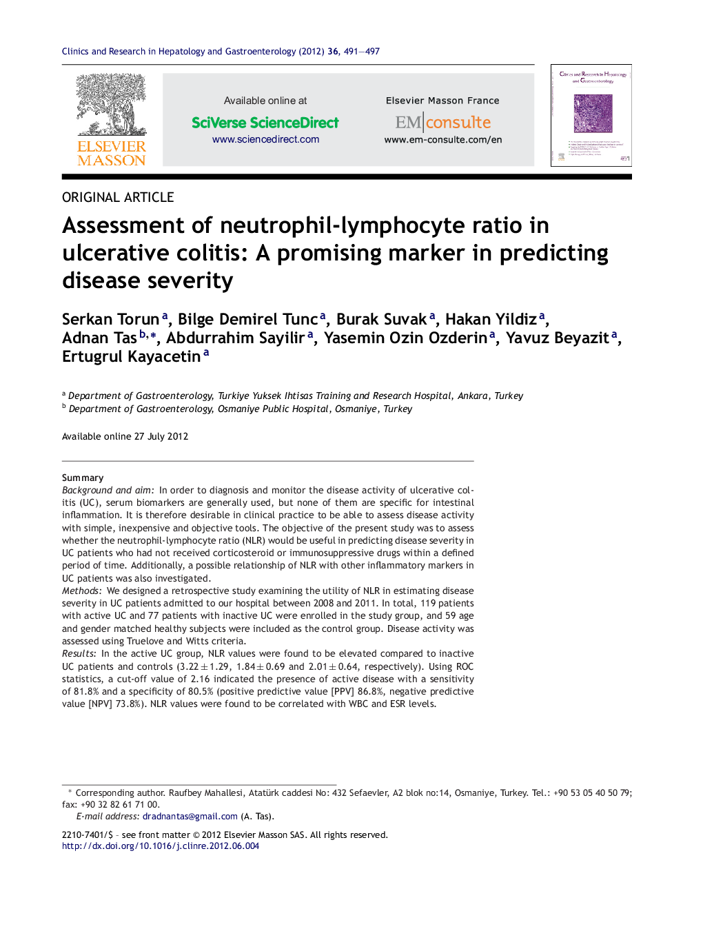 Assessment of neutrophil-lymphocyte ratio in ulcerative colitis: A promising marker in predicting disease severity