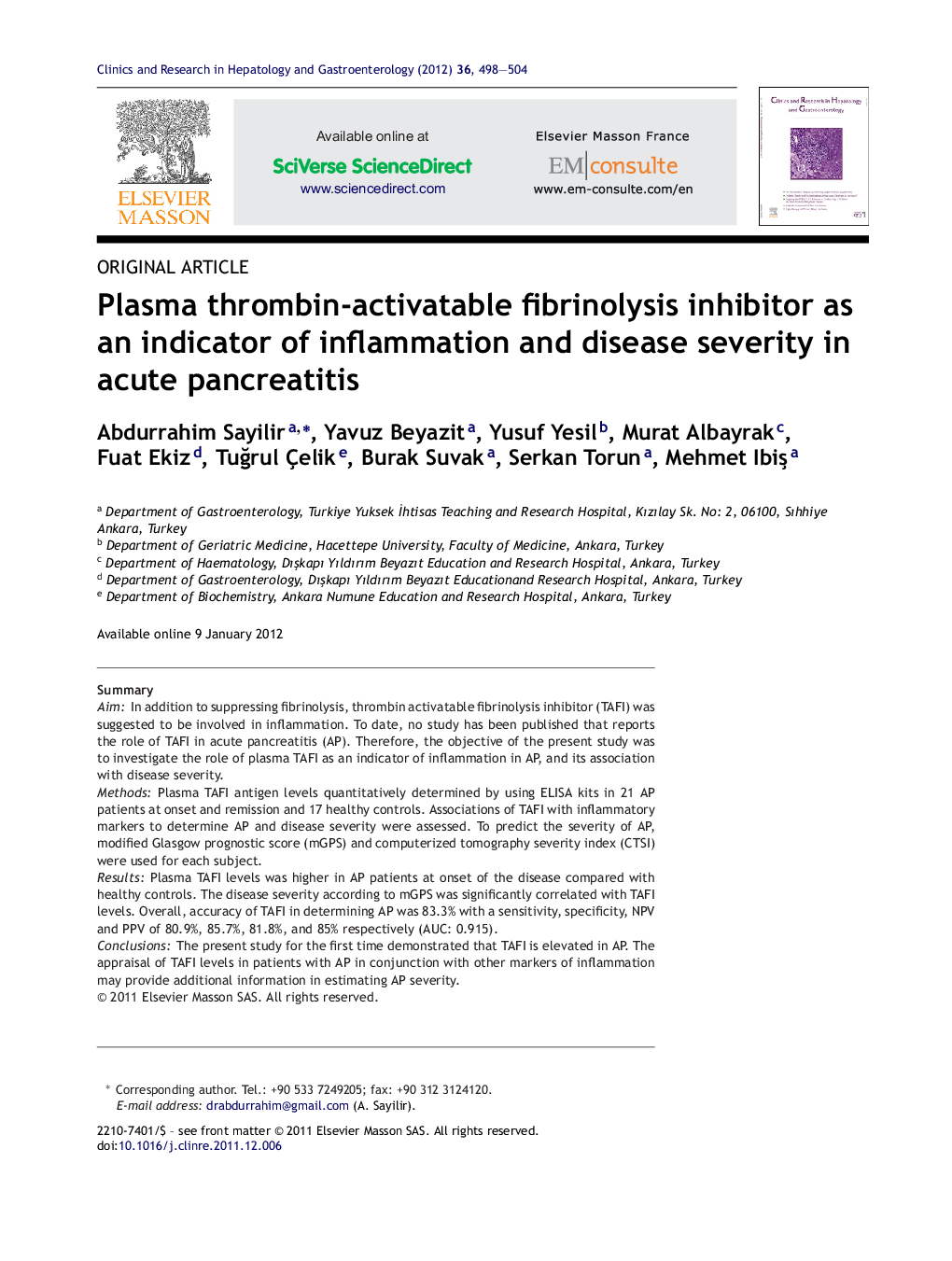 Plasma thrombin-activatable fibrinolysis inhibitor as an indicator of inflammation and disease severity in acute pancreatitis