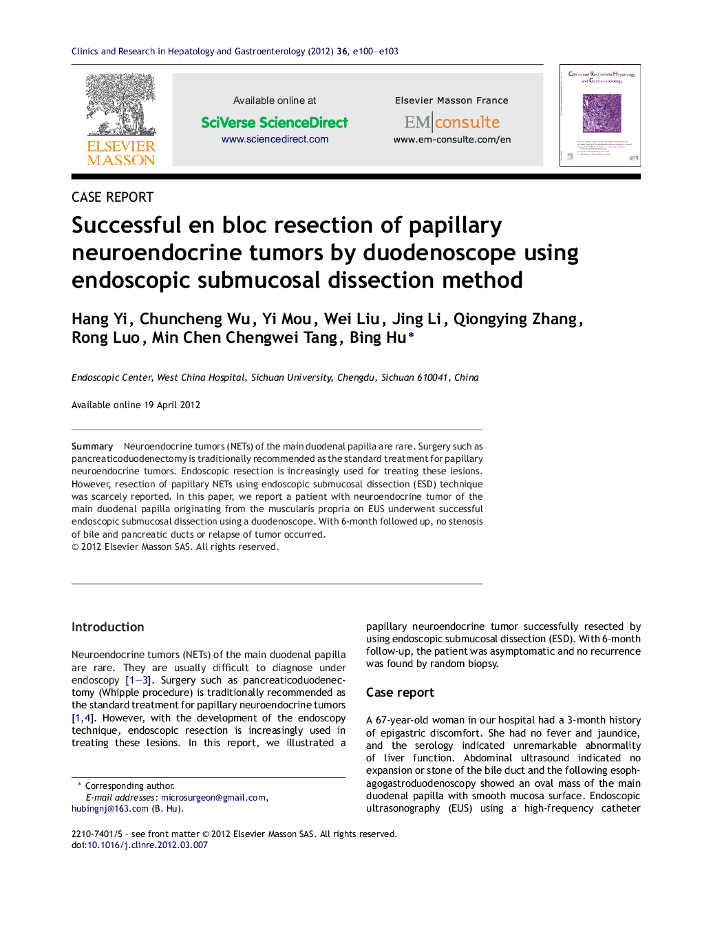 Successful en bloc resection of papillary neuroendocrine tumors by duodenoscope using endoscopic submucosal dissection method