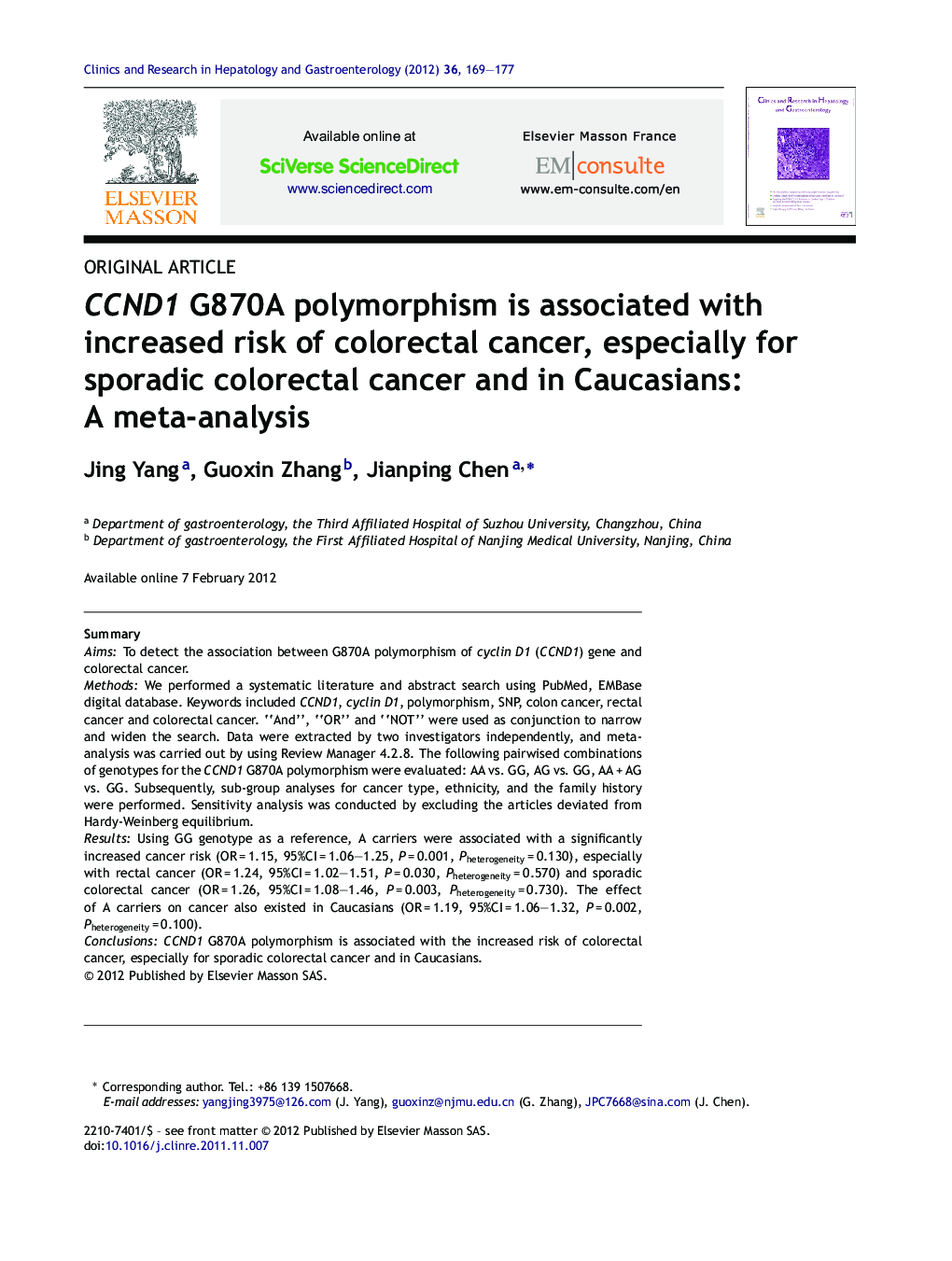 CCND1 G870A polymorphism is associated with increased risk of colorectal cancer, especially for sporadic colorectal cancer and in Caucasians: A meta-analysis