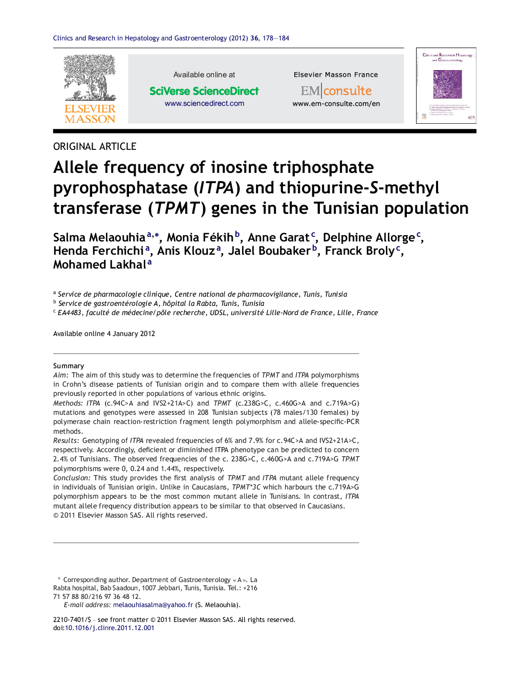 Allele frequency of inosine triphosphate pyrophosphatase (ITPA) and thiopurine-S-methyl transferase (TPMT) genes in the Tunisian population