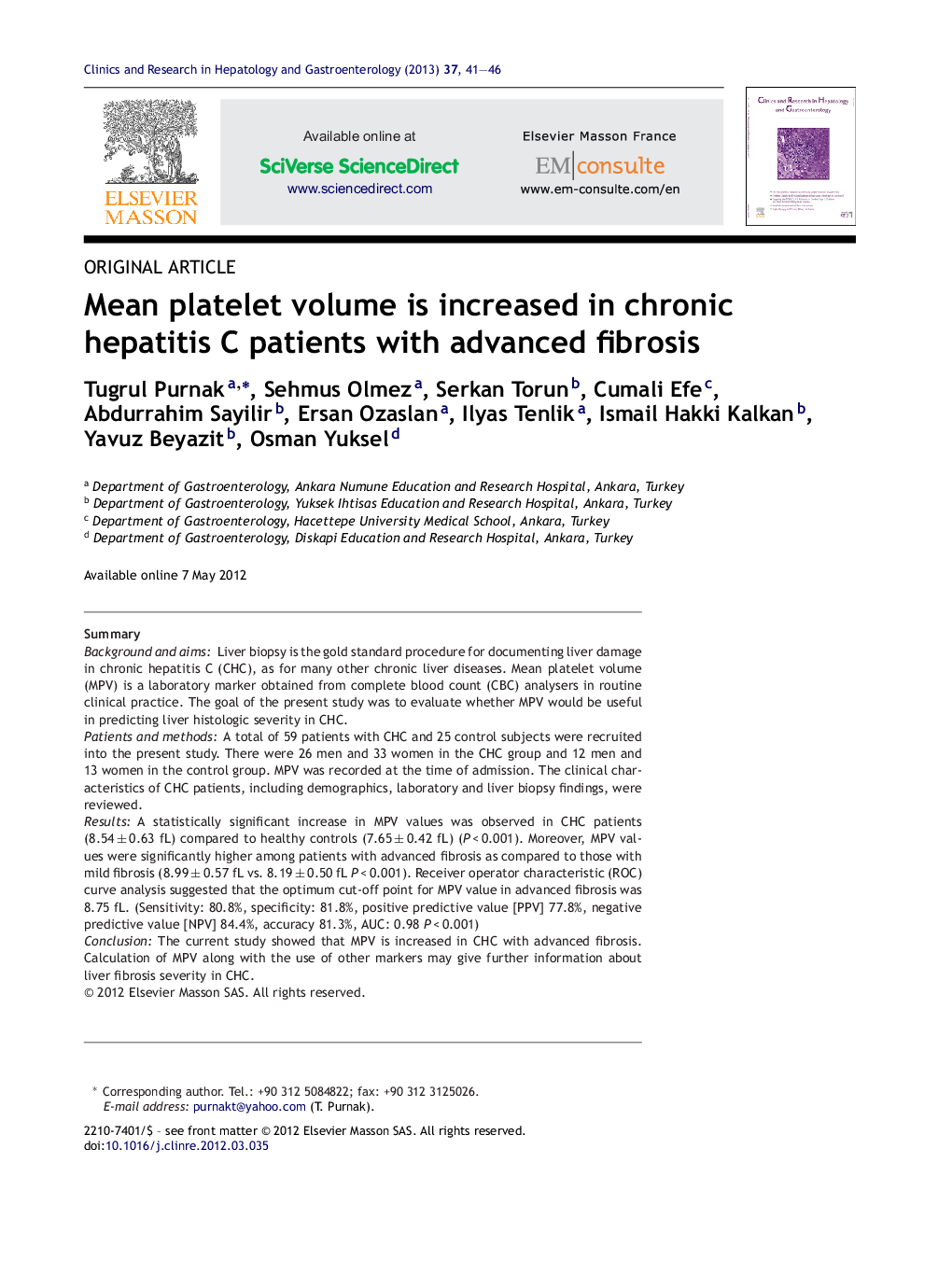 Mean platelet volume is increased in chronic hepatitis C patients with advanced fibrosis