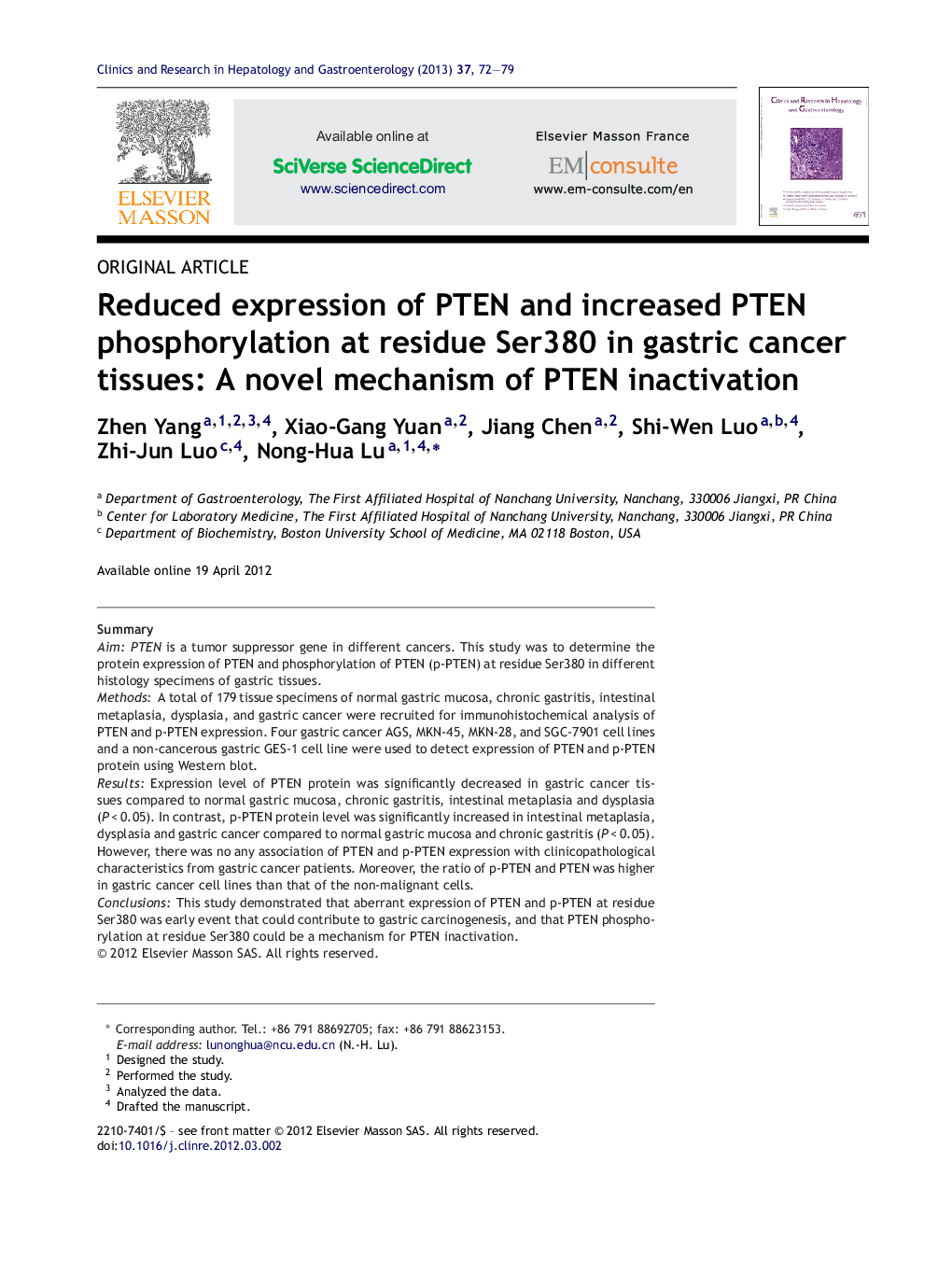 Reduced expression of PTEN and increased PTEN phosphorylation at residue Ser380 in gastric cancer tissues: A novel mechanism of PTEN inactivation