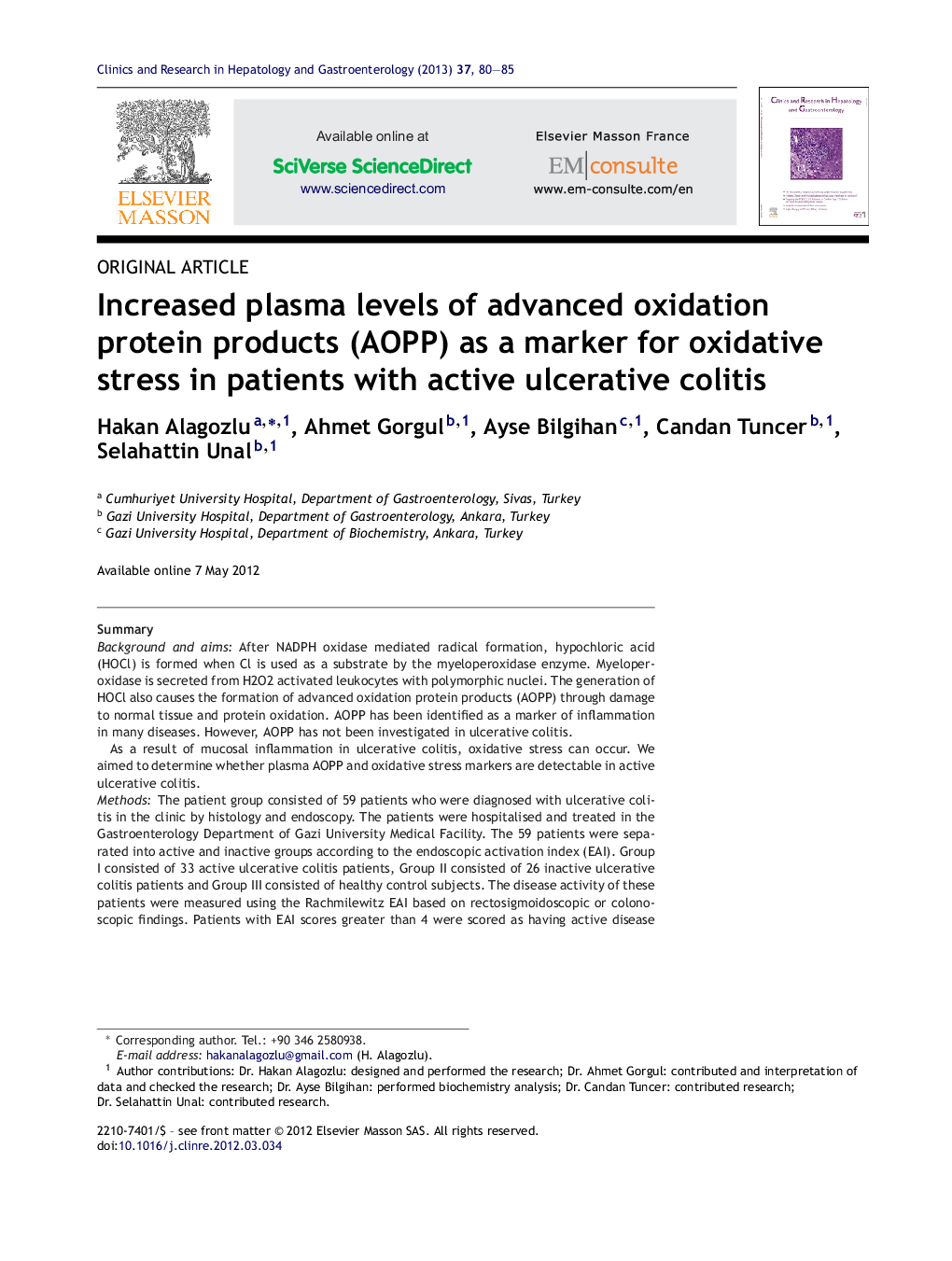 Increased plasma levels of advanced oxidation protein products (AOPP) as a marker for oxidative stress in patients with active ulcerative colitis