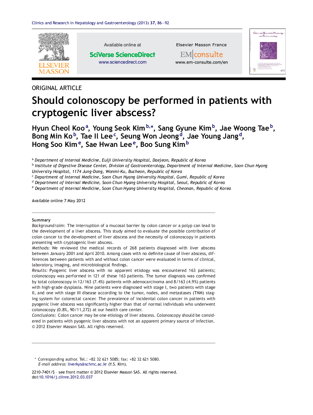 Should colonoscopy be performed in patients with cryptogenic liver abscess?