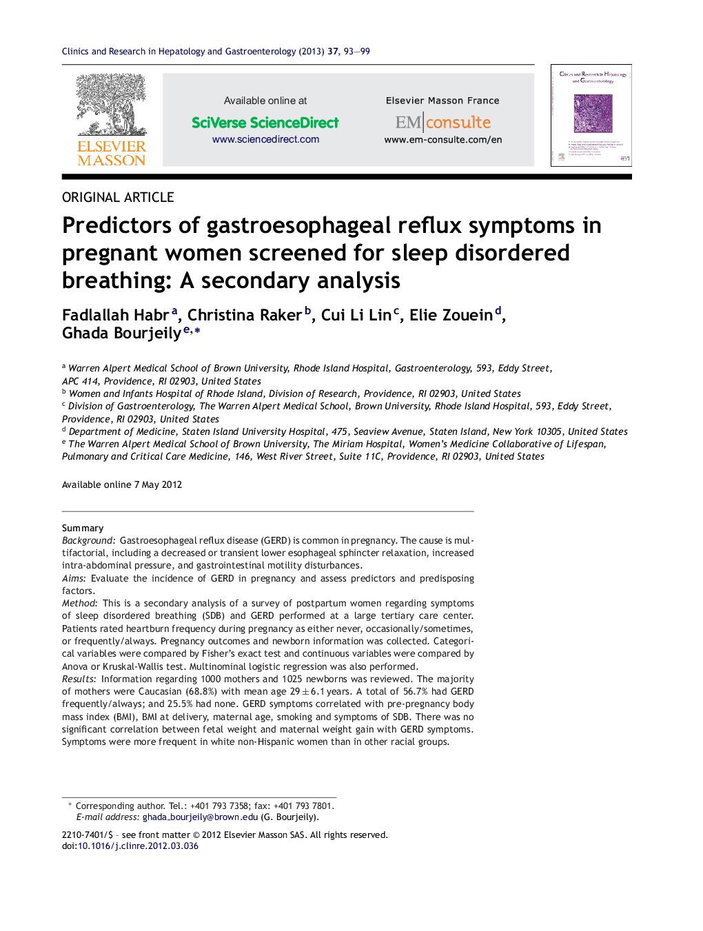 Predictors of gastroesophageal reflux symptoms in pregnant women screened for sleep disordered breathing: A secondary analysis