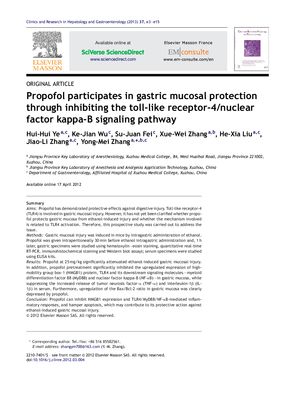 Propofol participates in gastric mucosal protection through inhibiting the toll-like receptor-4/nuclear factor kappa-B signaling pathway