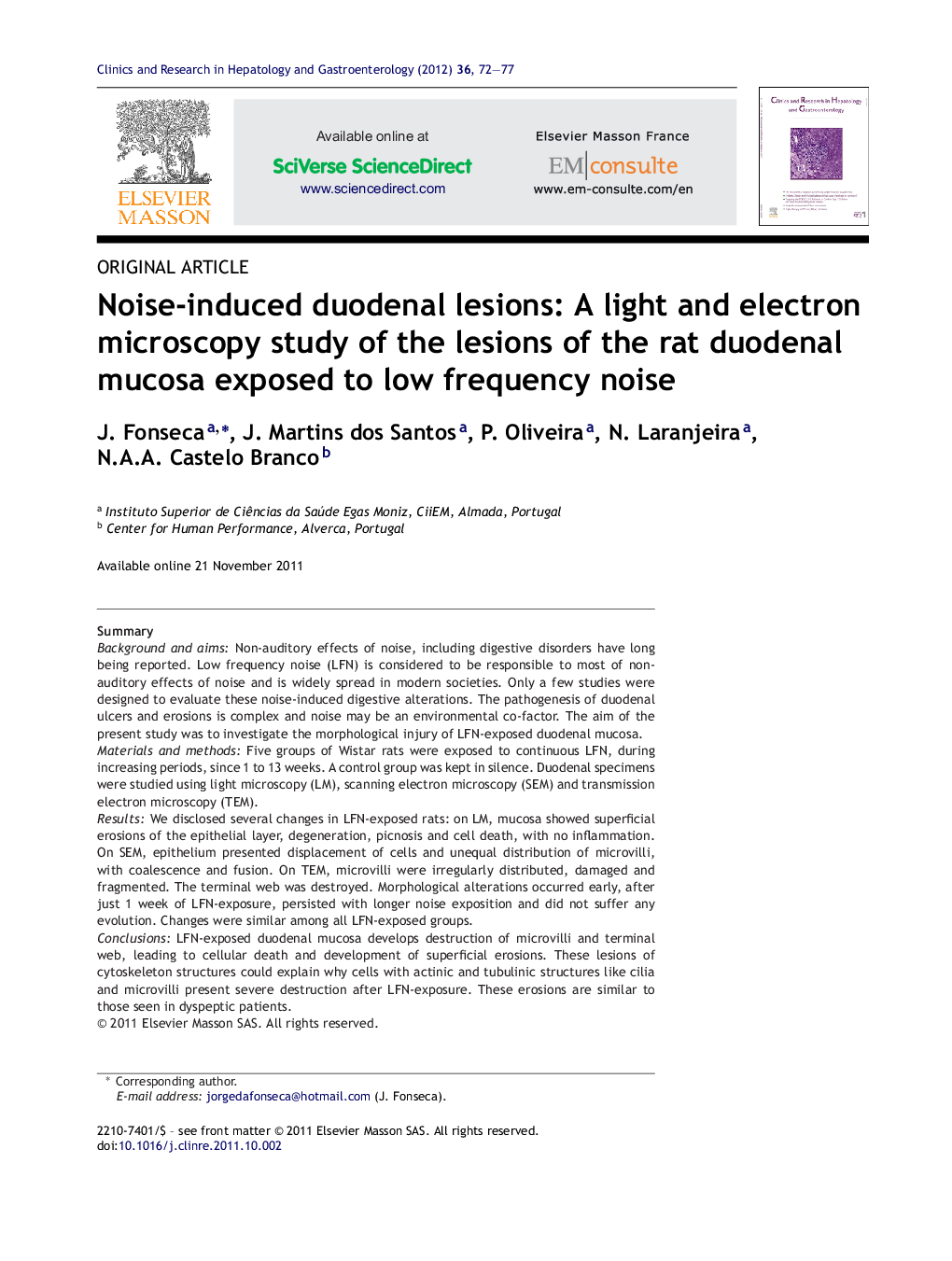 Noise-induced duodenal lesions: A light and electron microscopy study of the lesions of the rat duodenal mucosa exposed to low frequency noise