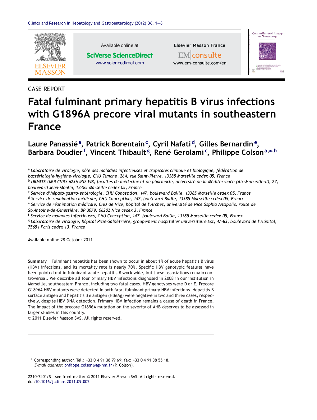 Fatal fulminant primary hepatitis B virus infections with G1896A precore viral mutants in southeastern France