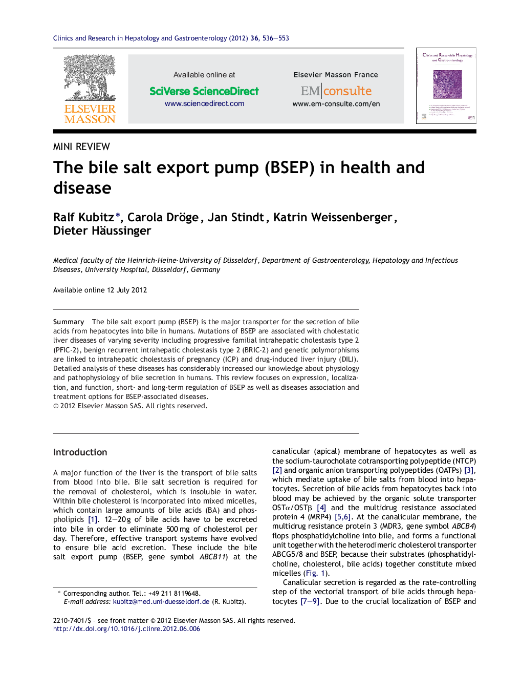 The bile salt export pump (BSEP) in health and disease