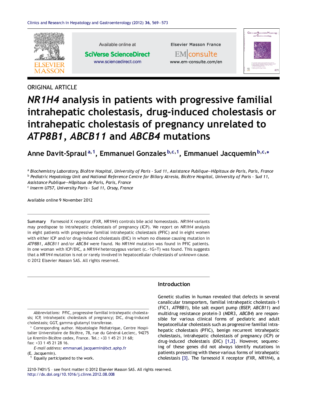 NR1H4 analysis in patients with progressive familial intrahepatic cholestasis, drug-induced cholestasis or intrahepatic cholestasis of pregnancy unrelated to ATP8B1, ABCB11 and ABCB4 mutations