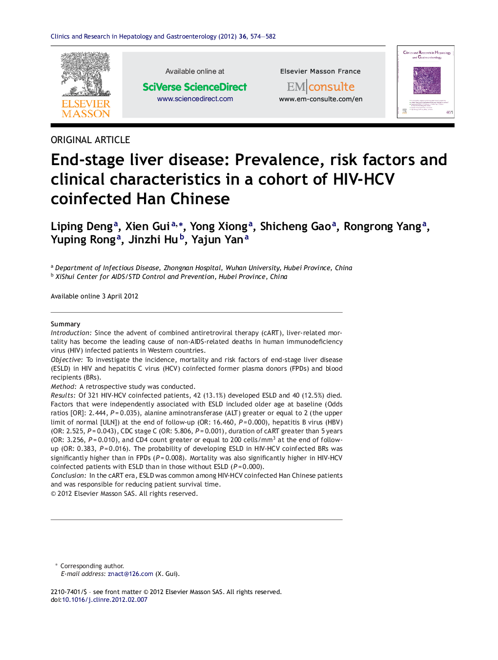 End-stage liver disease: Prevalence, risk factors and clinical characteristics in a cohort of HIV-HCV coinfected Han Chinese