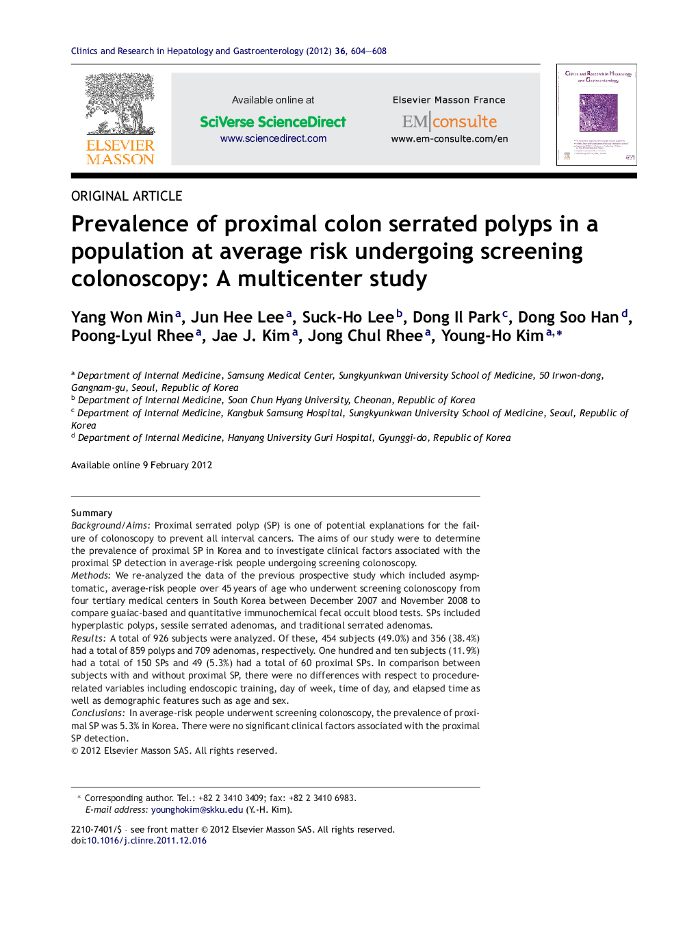 Prevalence of proximal colon serrated polyps in a population at average risk undergoing screening colonoscopy: A multicenter study