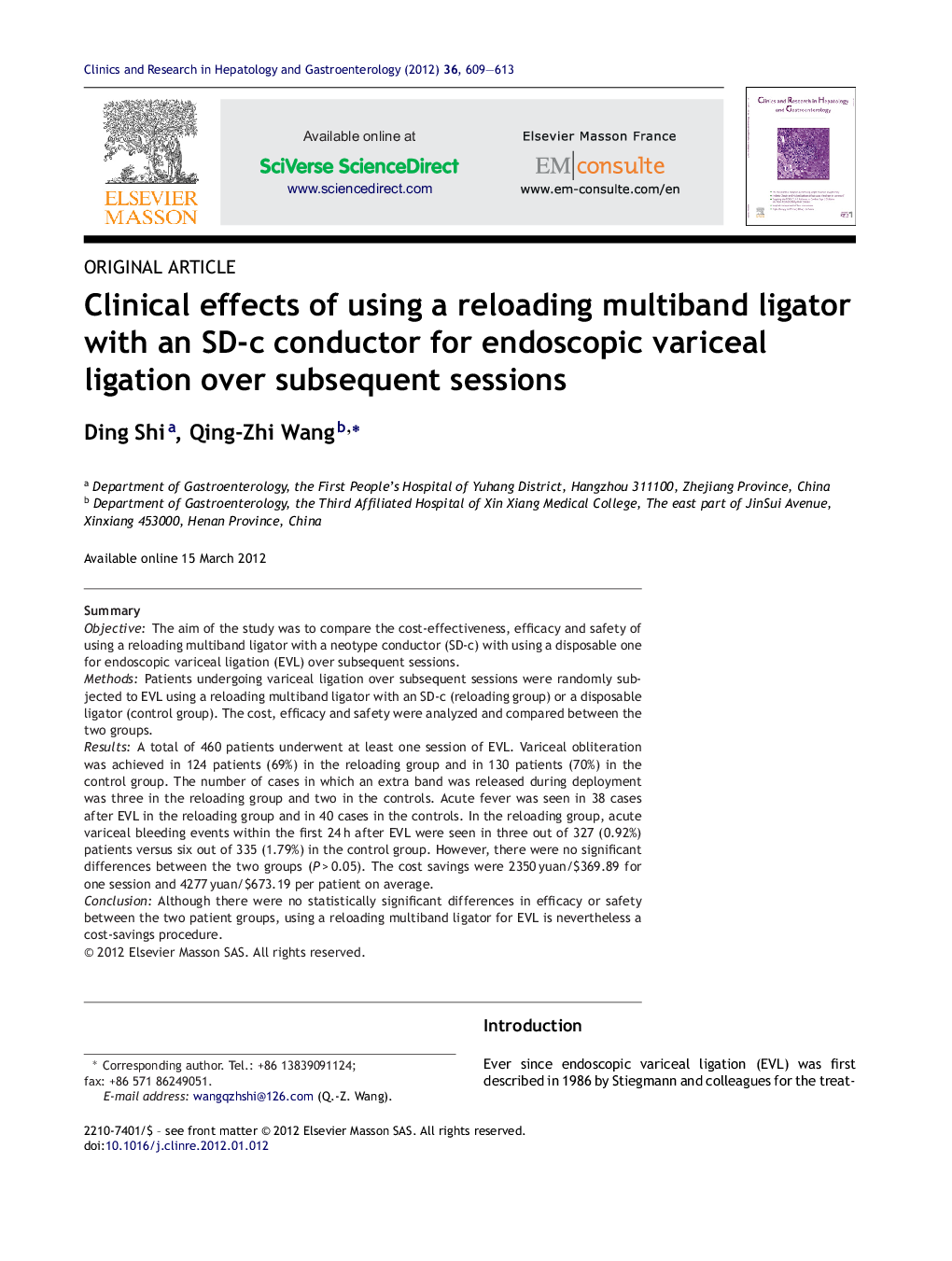 Clinical effects of using a reloading multiband ligator with an SD-c conductor for endoscopic variceal ligation over subsequent sessions