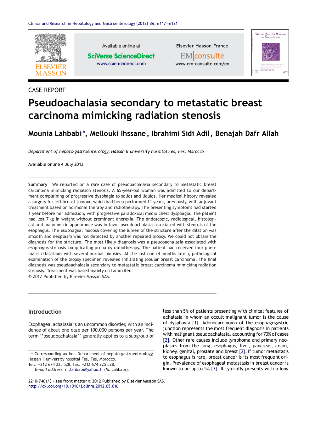 Pseudoachalasia secondary to metastatic breast carcinoma mimicking radiation stenosis