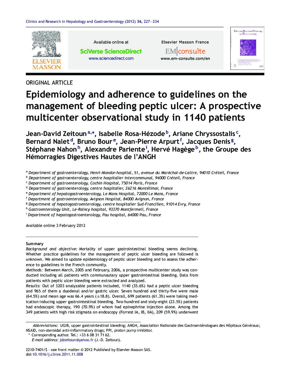 Epidemiology and adherence to guidelines on the management of bleeding peptic ulcer: A prospective multicenter observational study in 1140 patients