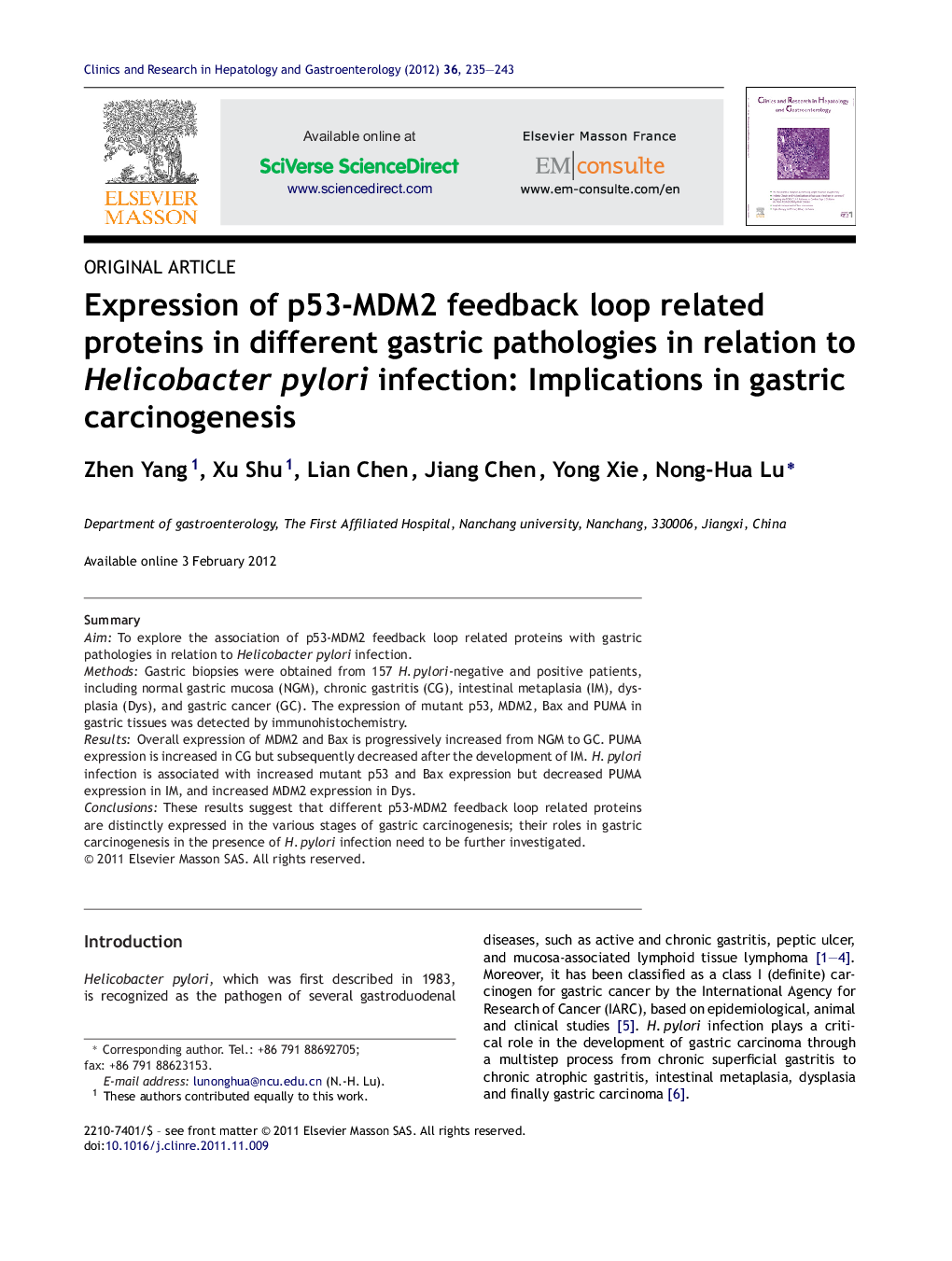 Expression of p53-MDM2 feedback loop related proteins in different gastric pathologies in relation to Helicobacter pylori infection: Implications in gastric carcinogenesis