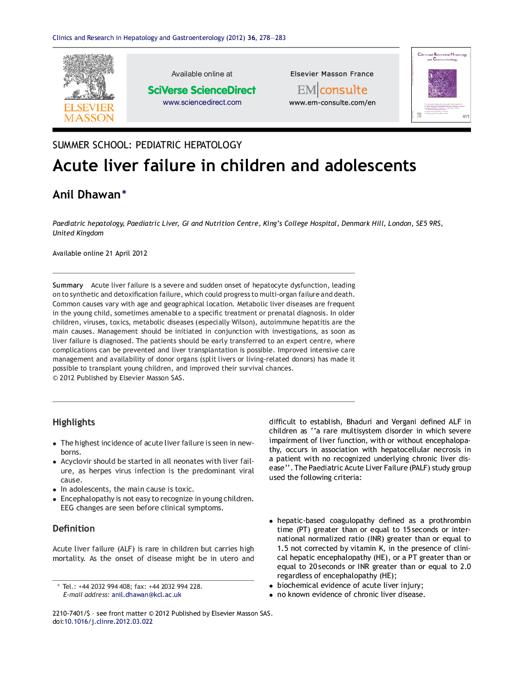 Acute liver failure in children and adolescents