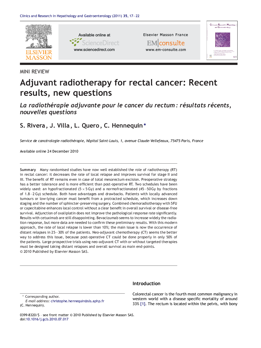 Adjuvant radiotherapy for rectal cancer: Recent results, new questions