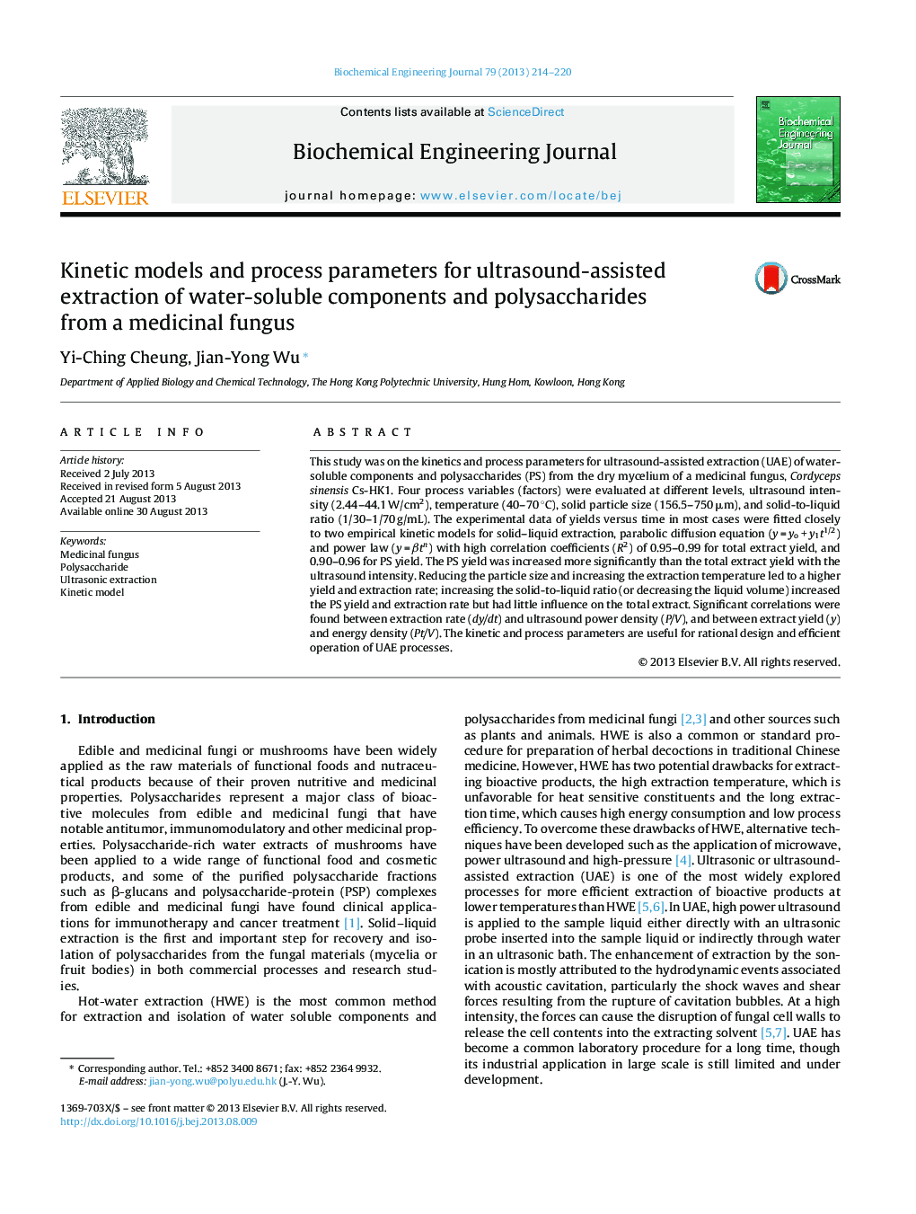 Kinetic models and process parameters for ultrasound-assisted extraction of water-soluble components and polysaccharides from a medicinal fungus