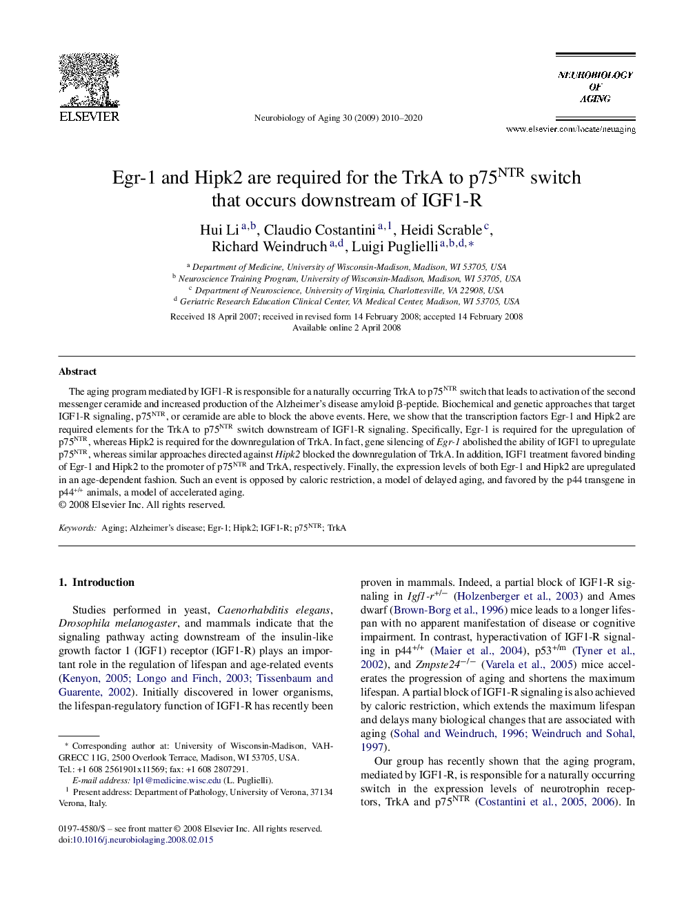 Egr-1 and Hipk2 are required for the TrkA to p75NTR switch that occurs downstream of IGF1-R