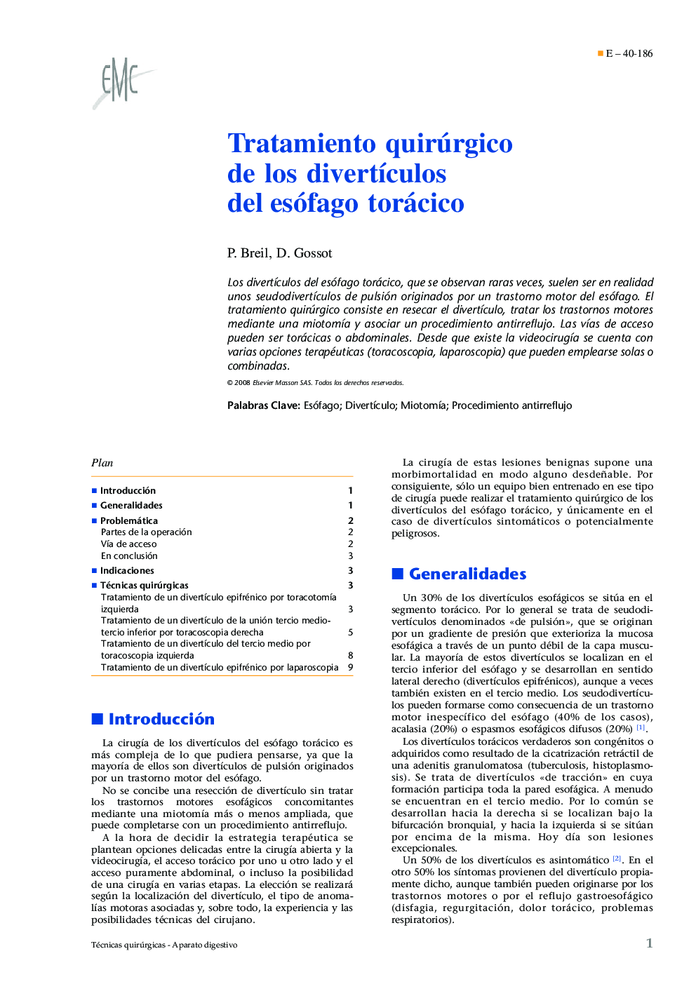 Tratamiento quirúrgico de los divertÃ­culos del esófago torácico