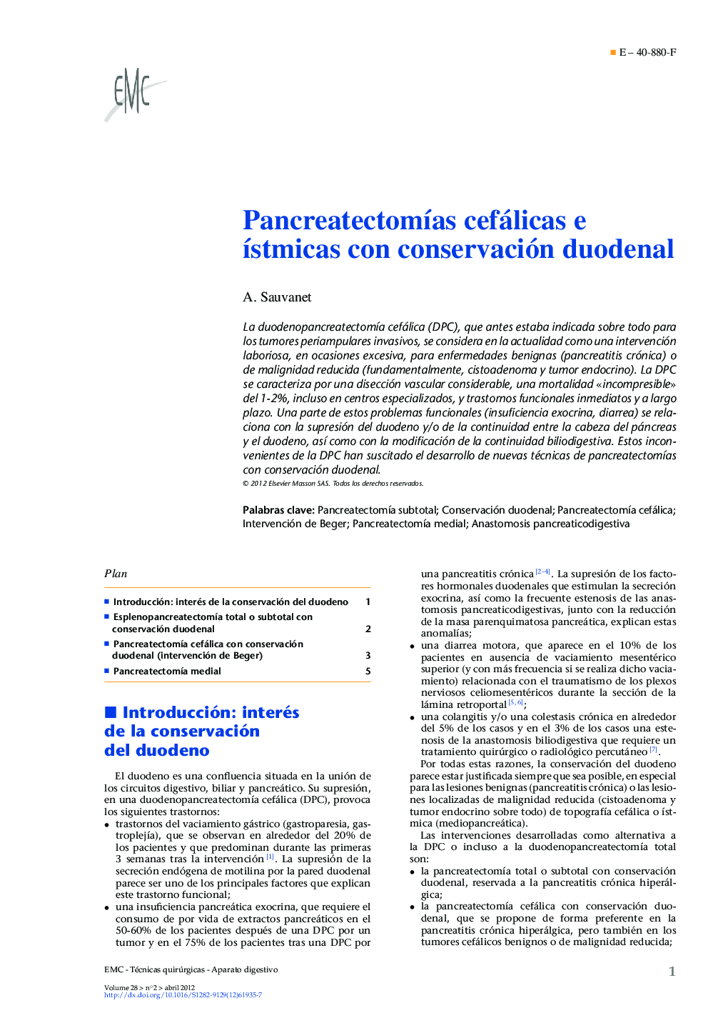 عکس صفحه اول مقاله: Pancreatectomías cefálicas e ístmicas con conservación duodenal Pancreatectomías cefálicas e ístmicas con conservación duodenal