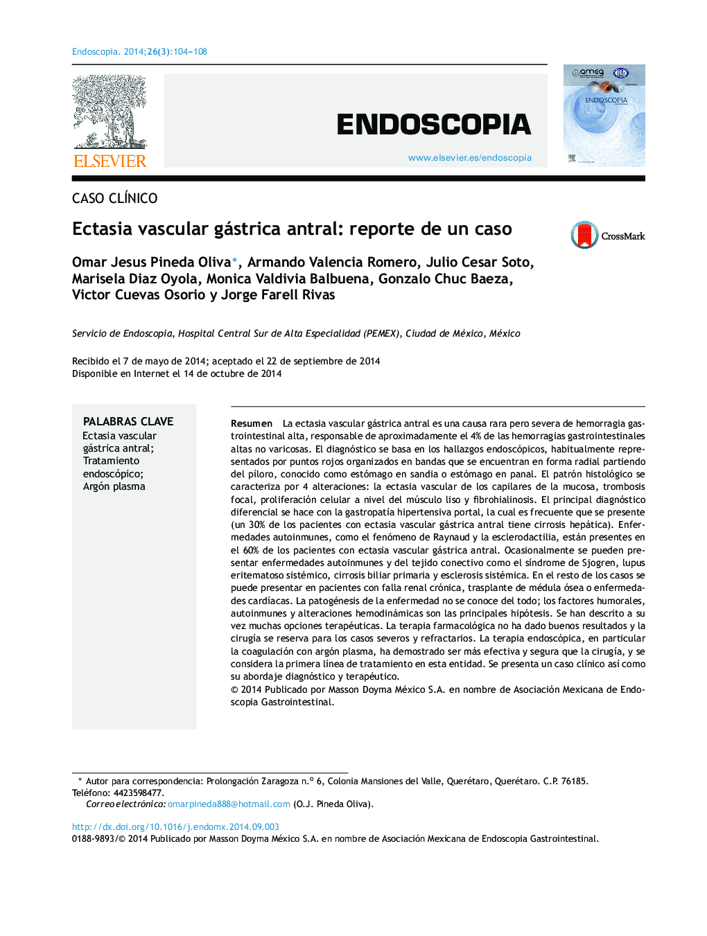 Ectasia vascular gástrica antral: reporte de un caso