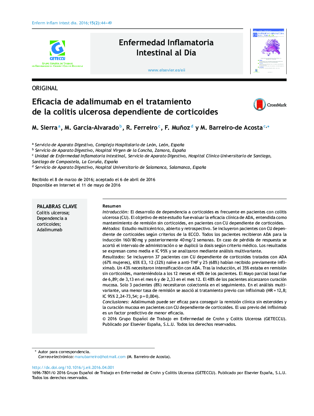 Eficacia de adalimumab en el tratamiento de la colitis ulcerosa dependiente de corticoides