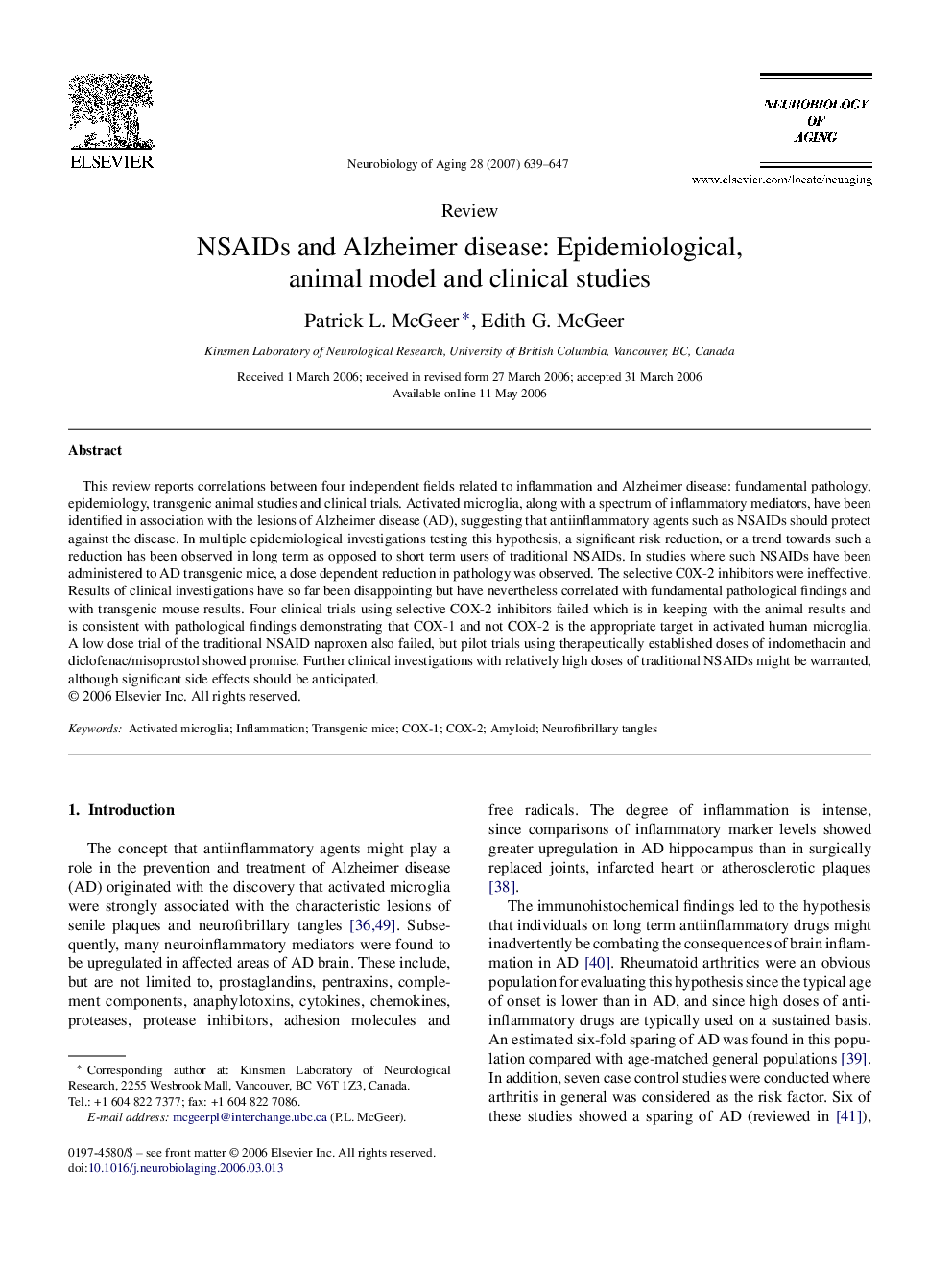 NSAIDs and Alzheimer disease: Epidemiological, animal model and clinical studies