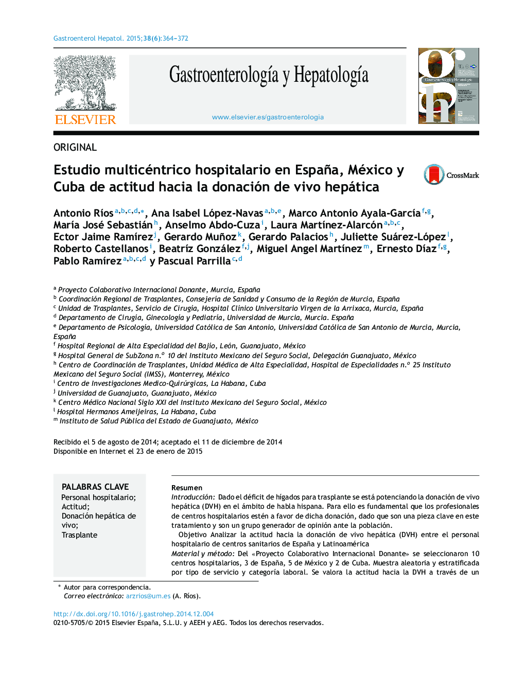 Estudio multicéntrico hospitalario en España, México y Cuba de actitud hacia la donación de vivo hepática