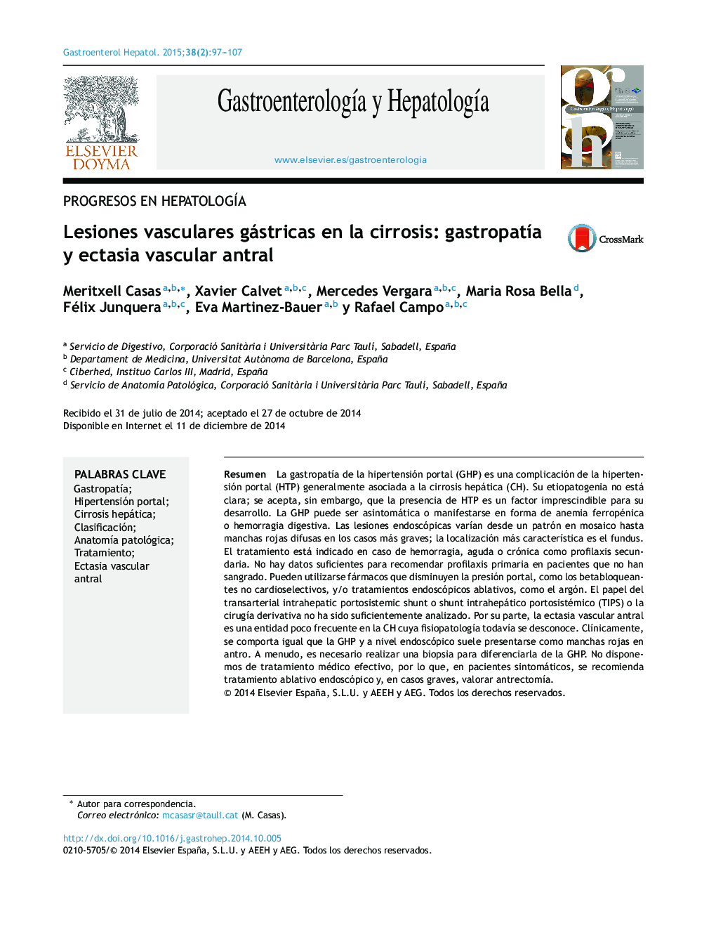 Lesiones vasculares gástricas en la cirrosis: gastropatÃ­a y ectasia vascular antral