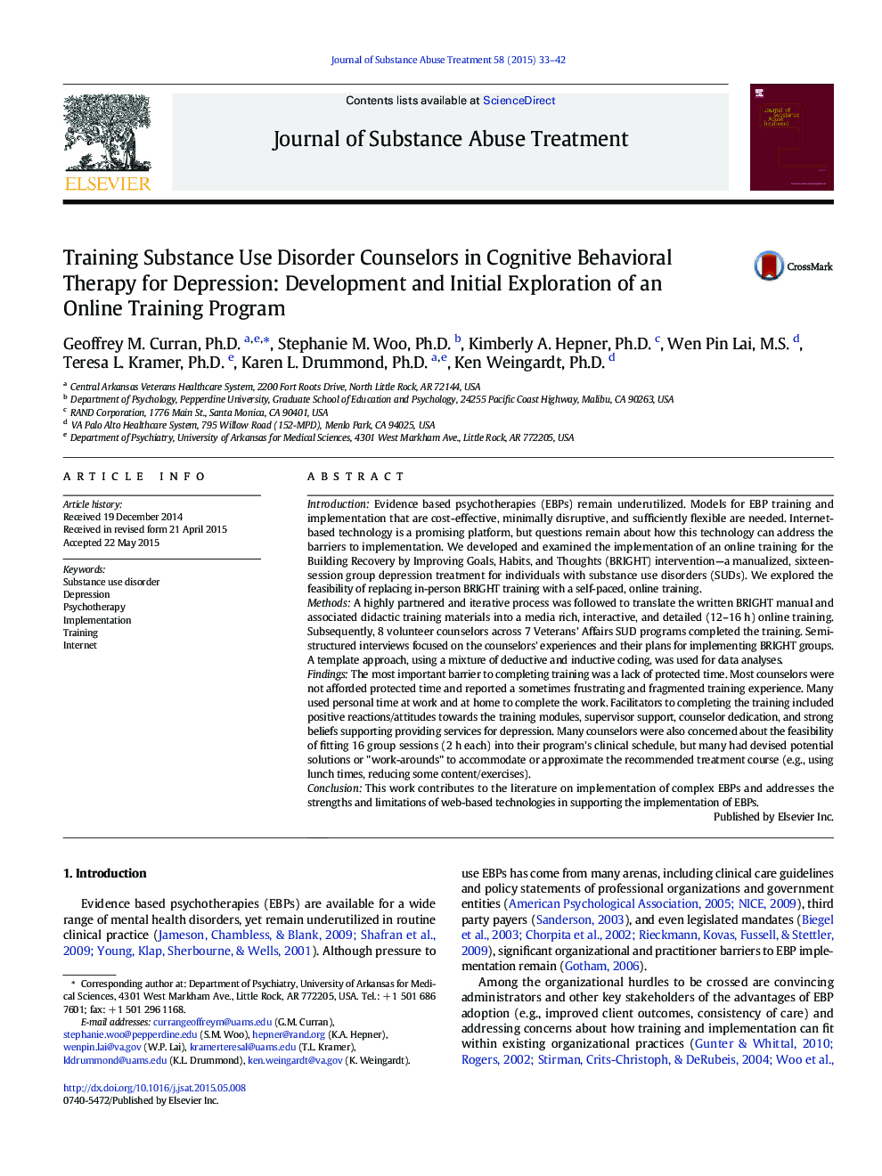 Training Substance Use Disorder Counselors in Cognitive Behavioral Therapy for Depression: Development and Initial Exploration of an Online Training Program