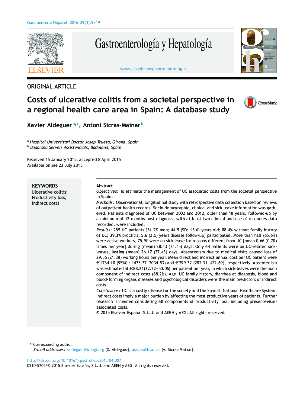 Costs of ulcerative colitis from a societal perspective in a regional health care area in Spain: A database study