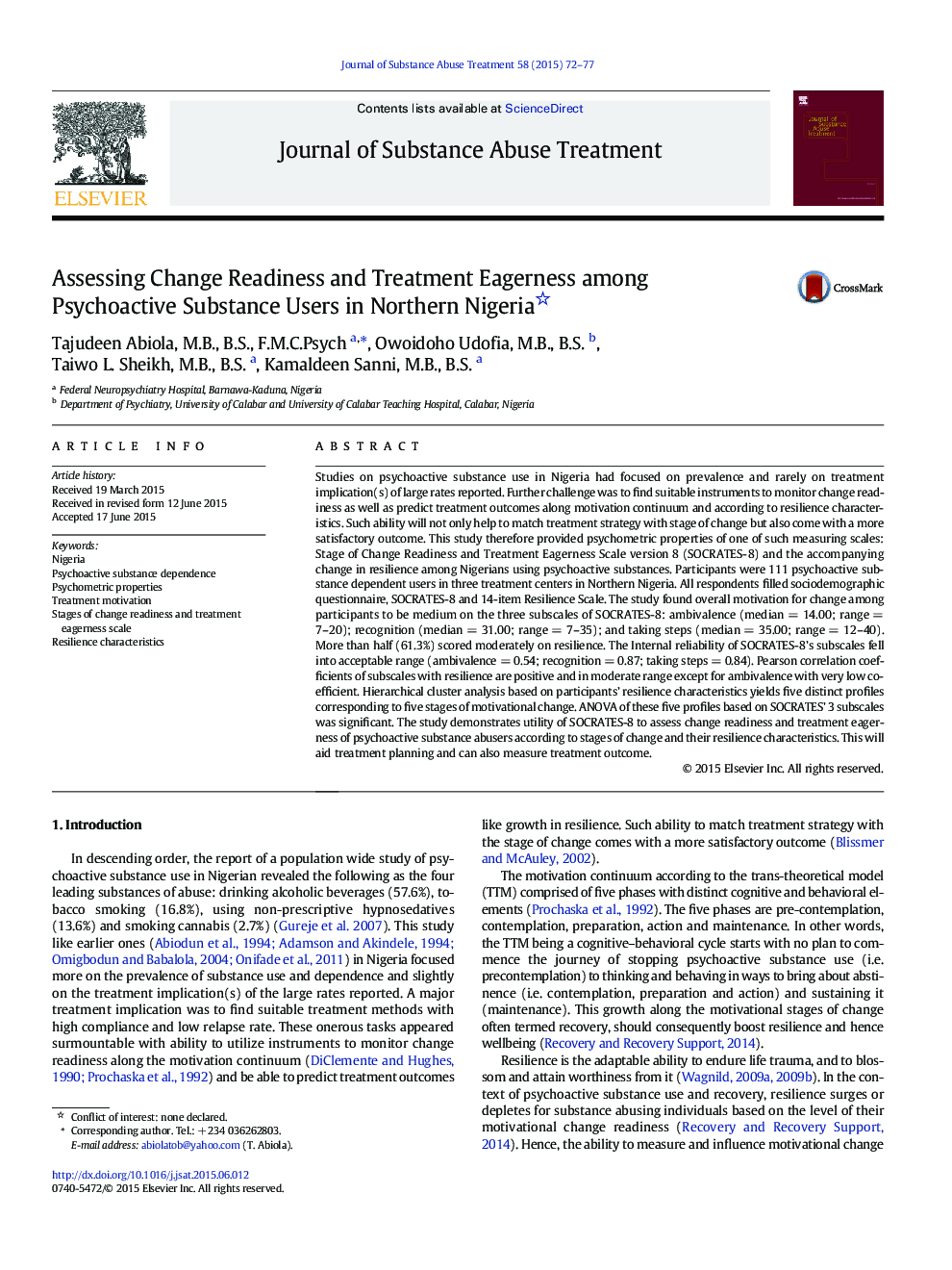 Assessing Change Readiness and Treatment Eagerness among Psychoactive Substance Users in Northern Nigeria 