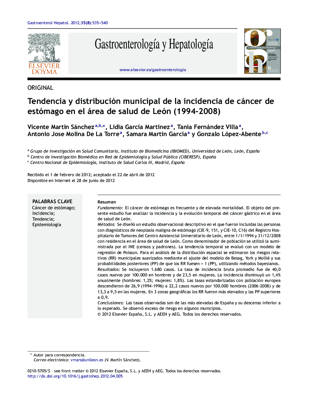 Tendencia y distribución municipal de la incidencia de cáncer de estómago en el área de salud de León (1994-2008)