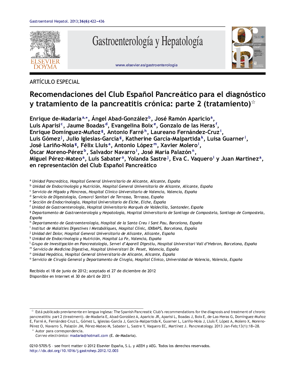 Recomendaciones del Club Español Pancreático para el diagnóstico y tratamiento de la pancreatitis crónica: parte 2 (tratamiento) 