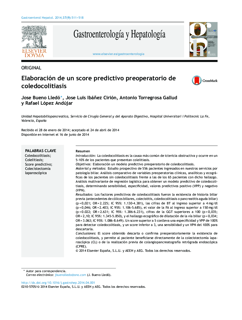 Elaboración de un score predictivo preoperatorio de coledocolitiasis