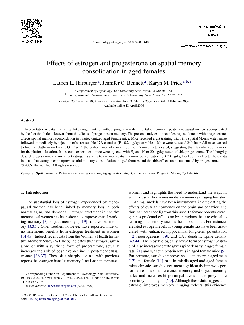 Effects of estrogen and progesterone on spatial memory consolidation in aged females