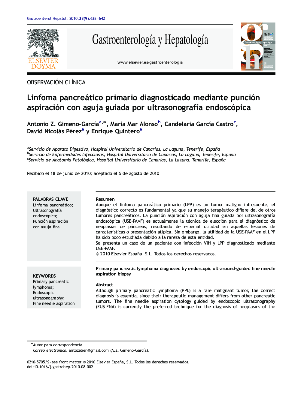 Linfoma pancreático primario diagnosticado mediante punción aspiración con aguja guiada por ultrasonografÃ­a endoscópica