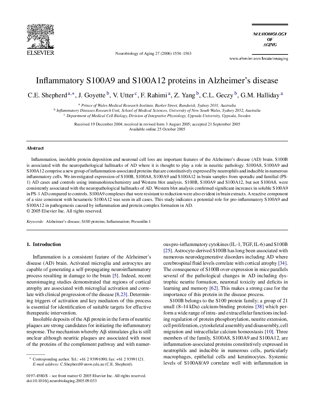 Inflammatory S100A9 and S100A12 proteins in Alzheimer's disease