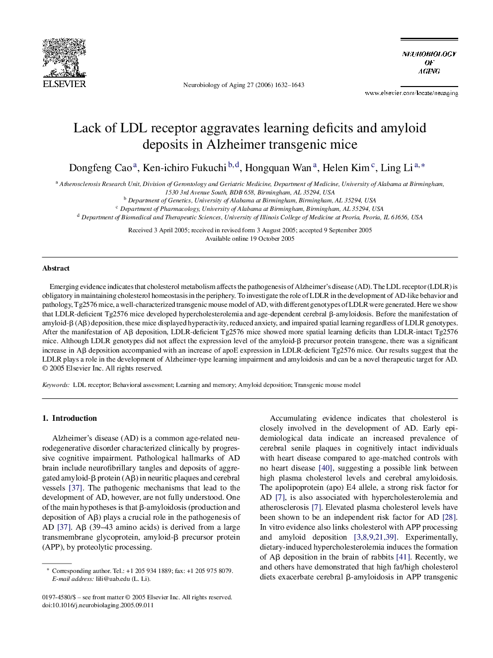 Lack of LDL receptor aggravates learning deficits and amyloid deposits in Alzheimer transgenic mice