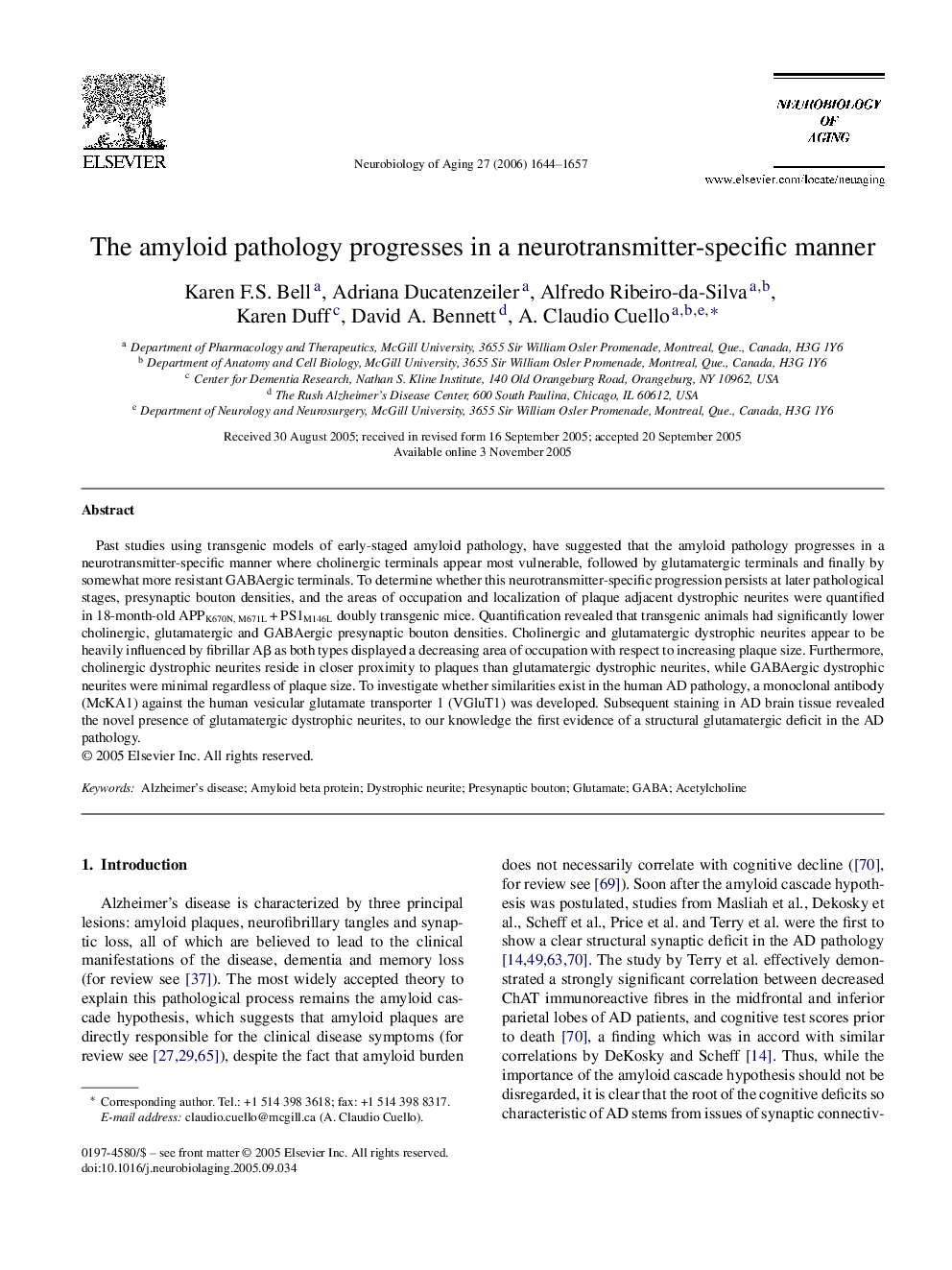 The amyloid pathology progresses in a neurotransmitter-specific manner