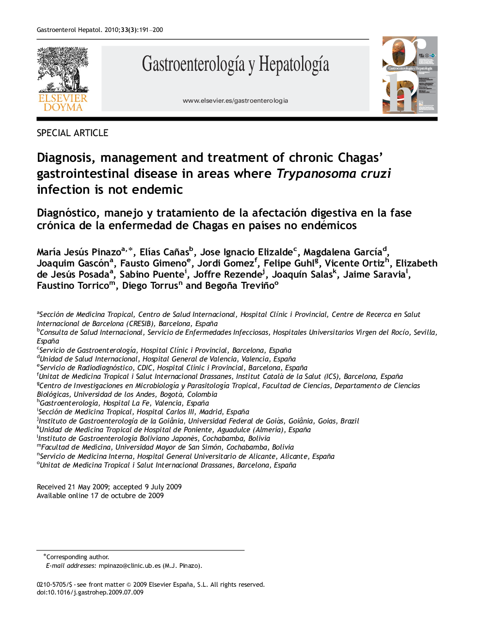 Diagnosis, management and treatment of chronic Chagas' gastrointestinal disease in areas where Trypanosoma cruzi infection is not endemic
