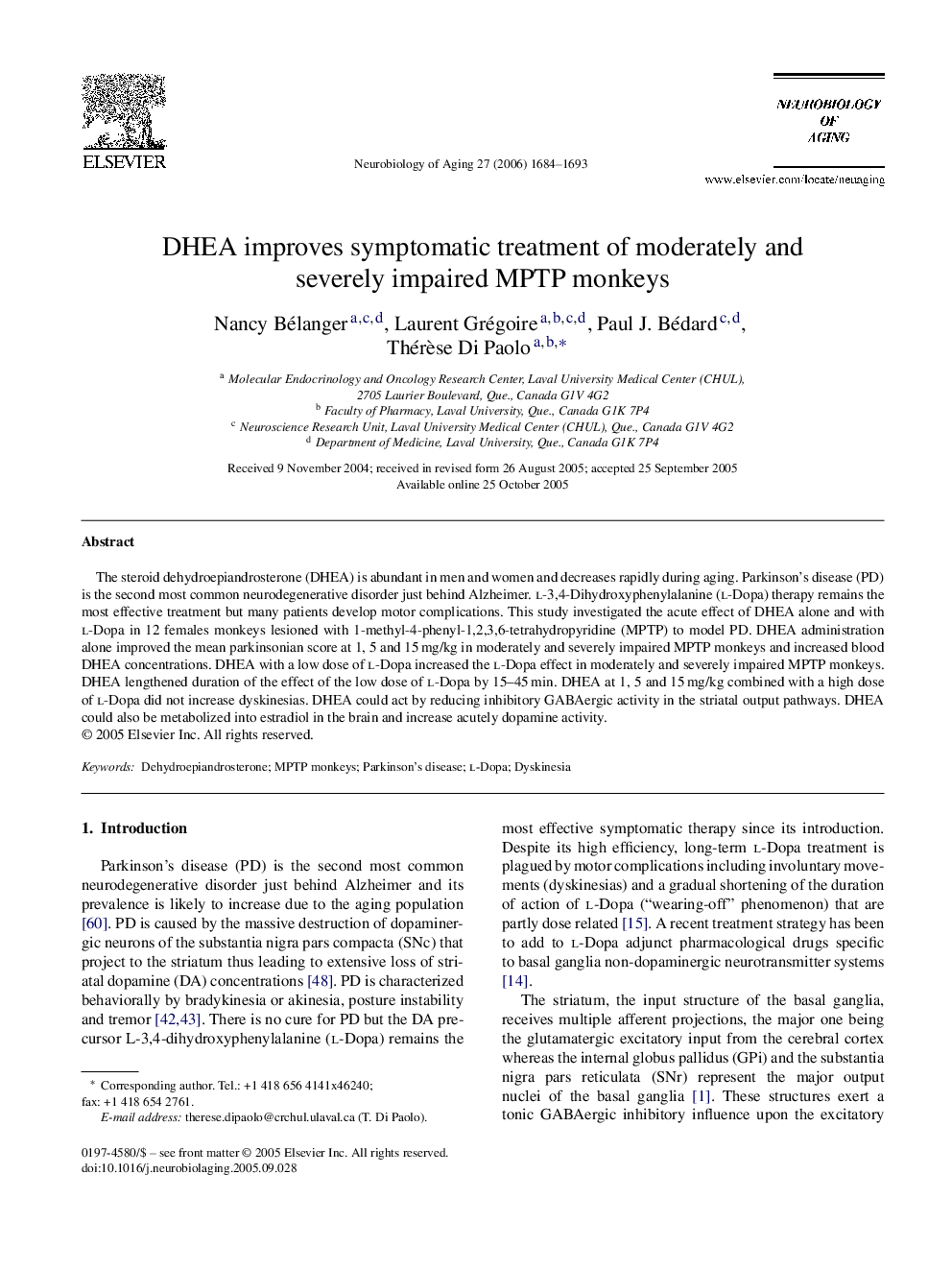 DHEA improves symptomatic treatment of moderately and severely impaired MPTP monkeys