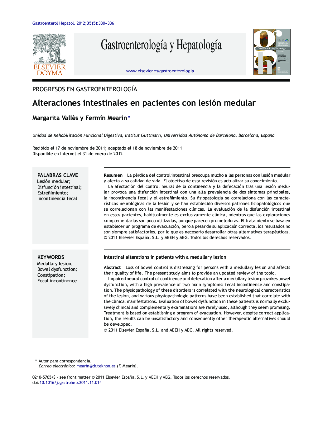 Alteraciones intestinales en pacientes con lesión medular