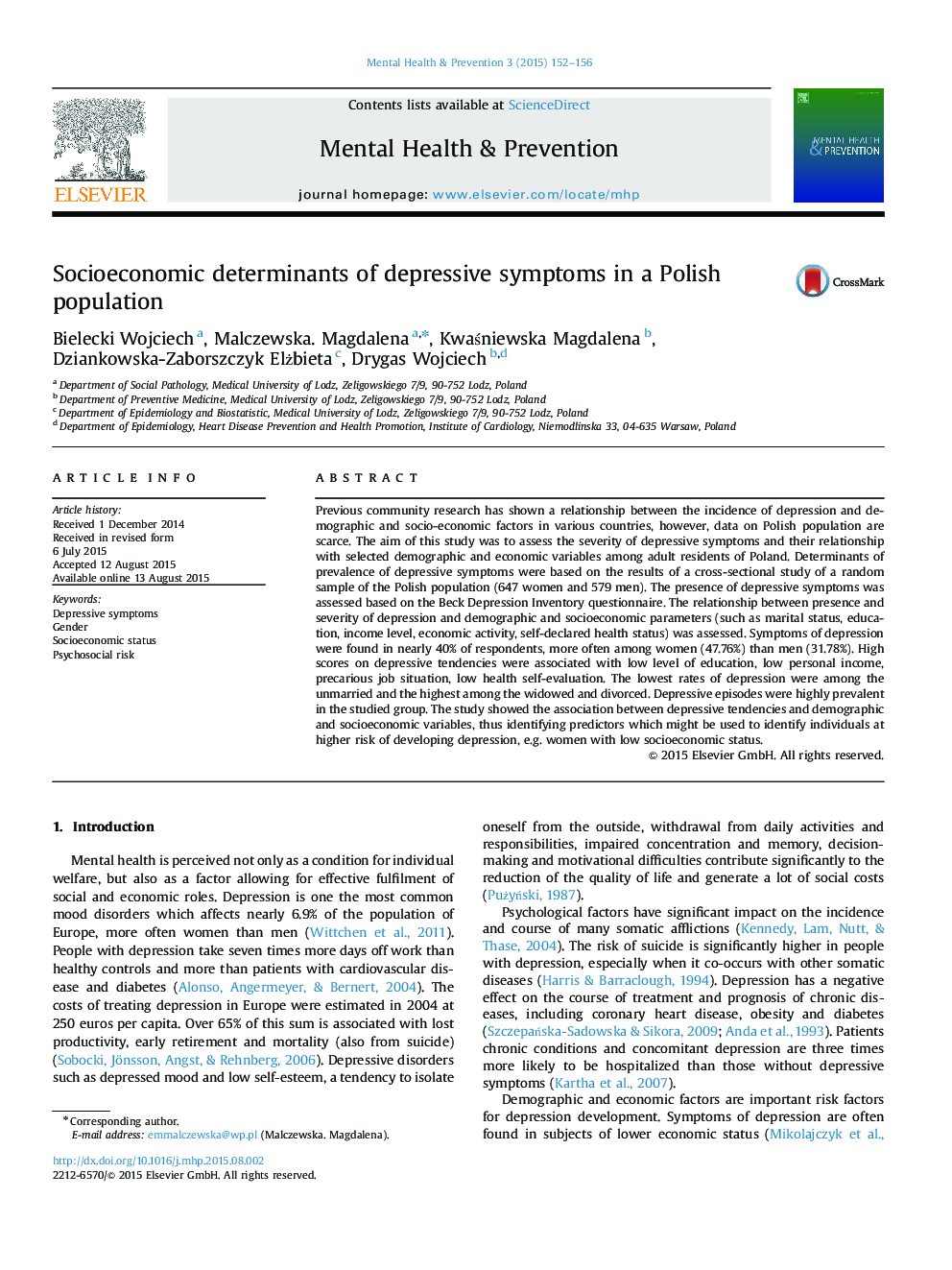 Socioeconomic determinants of depressive symptoms in a Polish population