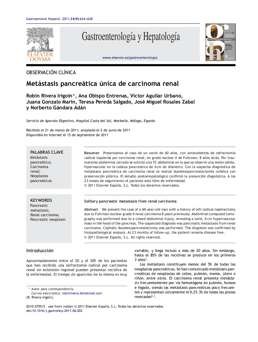 Metástasis pancreática única de carcinoma renal