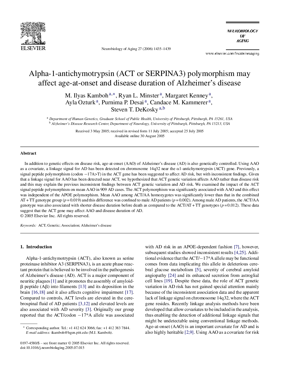 Alpha-1-antichymotrypsin (ACT or SERPINA3) polymorphism may affect age-at-onset and disease duration of Alzheimer's disease